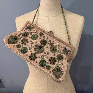 Beaded Evening Bag with Beaded Chain, Gold, Green, Blue, and Amber Floral Design